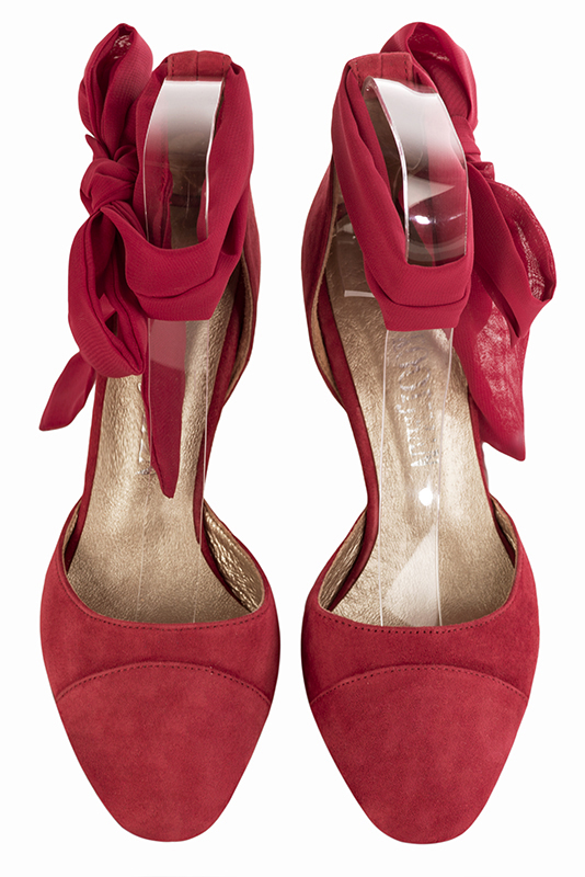 Cardinal red women's open side shoes, with a scarf around the ankle. Round toe. High slim heel. Top view - Florence KOOIJMAN
